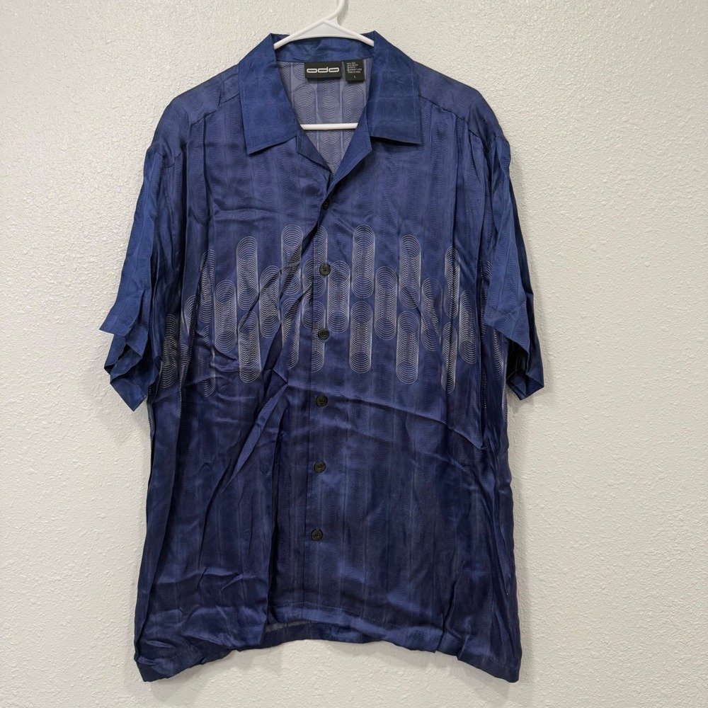 Odo Men Blue Silk Rayon Graphic Short Sleeve Button Down Shirt Large Vintage